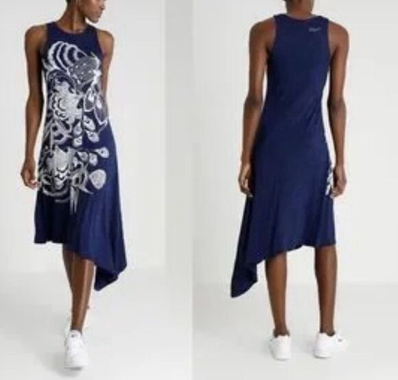 Desigual Dresses & Skirts - Desigual Wakiut Bodycon Dress Navy Blue Embroidered Sz Small Asymmetrical Hem